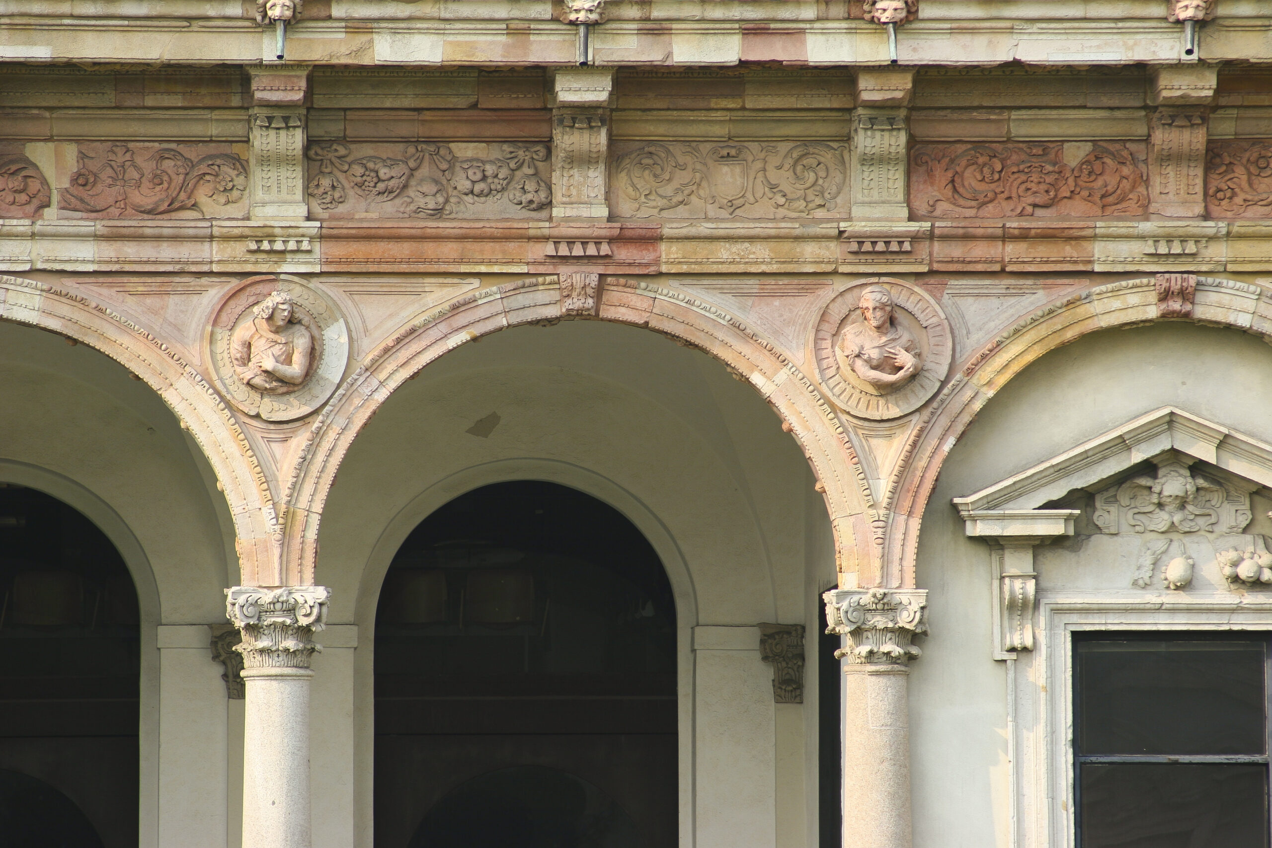 Detail of the portico in the main courtyard of the Ca' Granda in Milan.